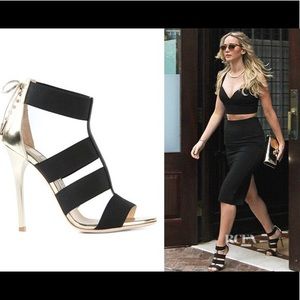 Jimmy Choo Caged Black Gold Stretch Heels Dario